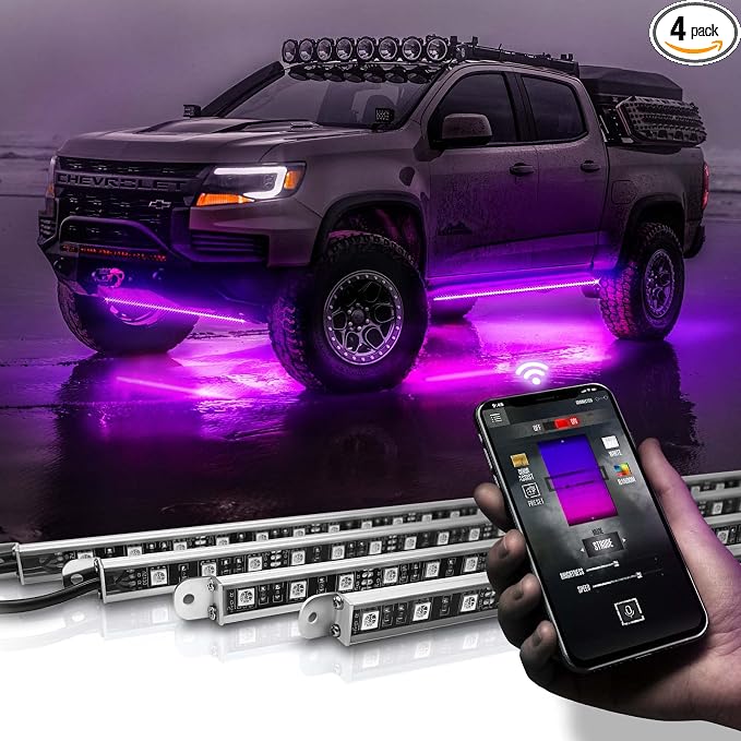 OPT7 Aura Pro Rigid RGB LED Underglow Kit for Trucks Trailers Pickups with App & Remote Control, Multi Colors Music Modes, 4 PCS Waterproof Aluminum Light Bars, Exterior Neon Under Car Lights