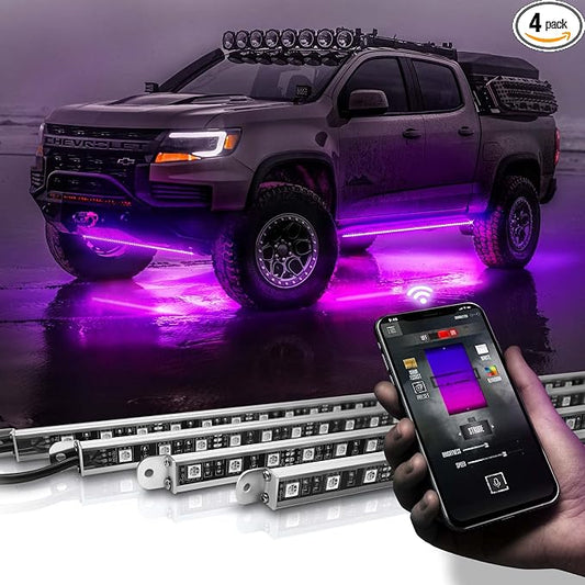 OPT7 Aura Pro Rigid RGB LED Underglow Kit for Trucks Trailers Pickups with App & Remote Control, Multi Colors Music Modes, 4 PCS Waterproof Aluminum Light Bars, Exterior Neon Under Car Lights