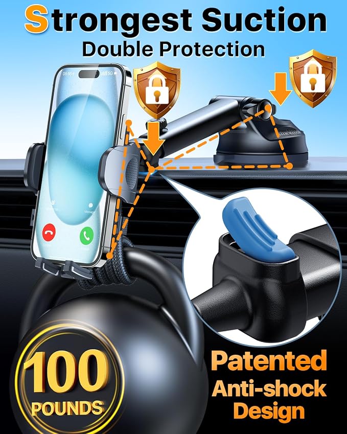 HTU 2026 Ultimate Best【True Military-Grade & Safety Cert】 Car Phone Holder | 【Upgraded 360 Rotation & 100LBS Strongest Suction】5-in-1 Truck Windshield Dashboard Vent Mount Stand for iPhone Android,Black
