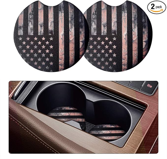 Osilly Car Coasters for Drinks, 2PCS Absorbent Camo America US Flag Cup Holders for Women and Men, 2.75 Inch Removable Cup Holder Insert Coaster, Car Interior Accessories for Most Cars (Black)