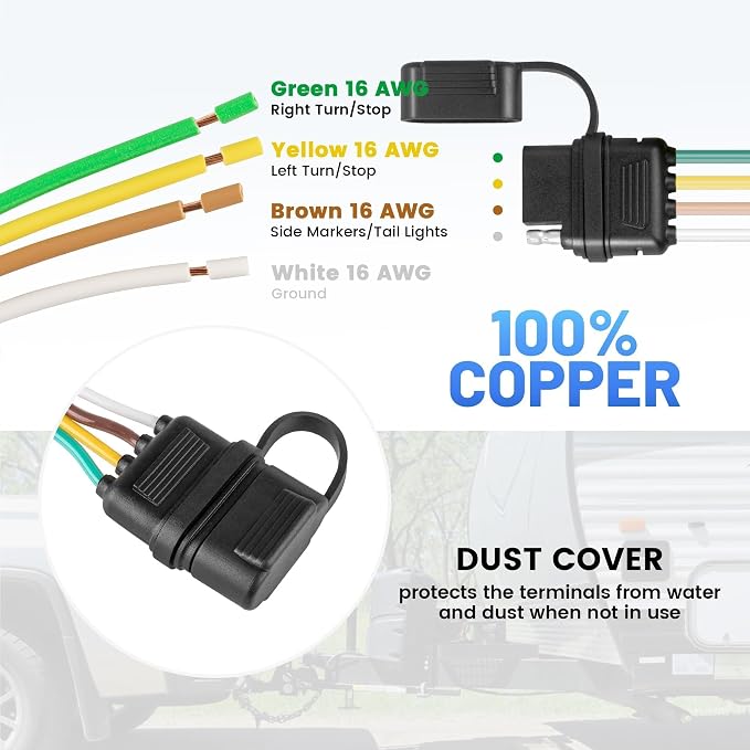 MECMO 4 Pin Vehicle Side Trailer Wiring Harness 49 Inch, 16AWG 4 Prong Trailer Light Plug Socket with Dust Cover, Truck 4 Way Flat Trailer Connector Female 4 Wire Replacement Trailer Hitch Wiring 4ft