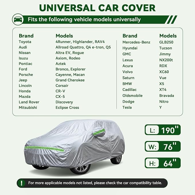 AUQDD 6-Layers Premium SUV Car Cover Waterproof All Weather Weatherproof UV Sun Protection Snow Dust Storm Resistant Outdoor Exterior Custom Form-Fit Full Padded Car Cover with Straps 178"-190" K7