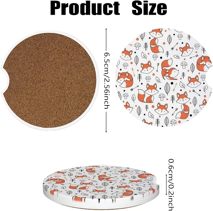 Car Cup Holder Coasters, 2 Pcs Ceramic Coasters with Cork Back and Finger Slot, Anti-Slip Shock Absorbing Women and Men Universal Car Accessories - Smart Fox