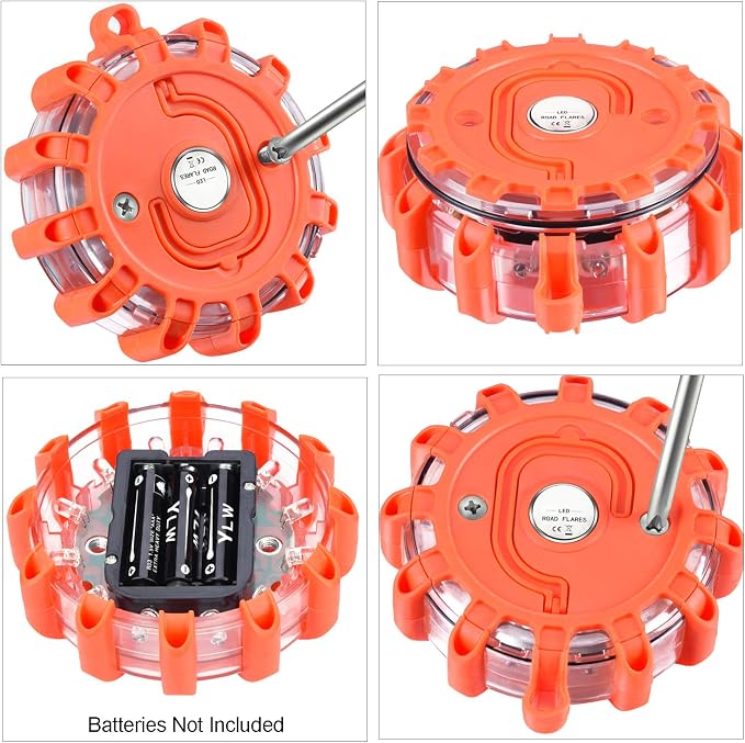 Tobfit 3 Pack LED Road Flares Emergency Lights Roadside Safety Beacon Disc Flashing Warning Flare Kit with Magnetic Base & Hook for Car Truck Boats | 9 Flash Modes (Batteries Not Included) (3)