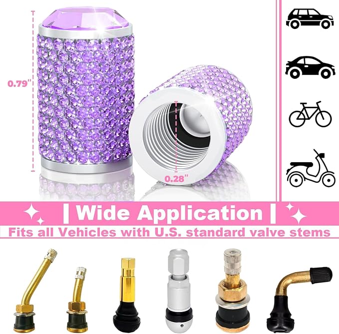 BFXM 4Pcs Car Tire Valve Stem Caps, Bling Tire Air Cap for Car, Car Accessories for Women Universal Stem Covers, Anodized Aluminum Tires Valve Cap with O Rubber Ring, Crystal Diamond