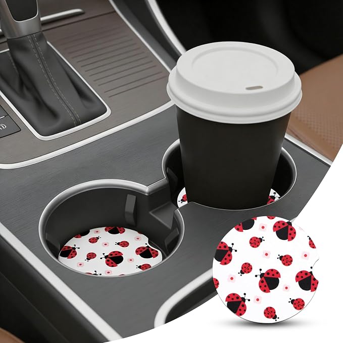 2 Pack Ladybug Car Coasters for Women Car Cup Holder Coasters, 2.63 Inch Anti Slip Ceramic Absorbent Coaster with Cork Base and Finger Notch, Cute Car Accessories Interior