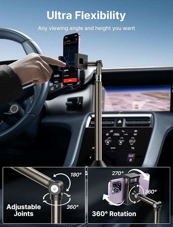 JSAUX Car Cup Holder Phone Mount, Metal Long Arm, Adjustable Base | Sturdy Metal Arm, Adjustable Height and Angle, Secure Phone Grip, Fits 2.17-4.33 in Car Cup Holders