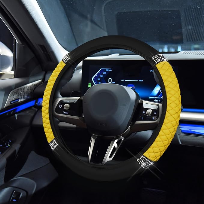 Bling Soft Leather Steering Wheel Cover, 15 Inch Colorful Rhinestones Auto Elastic Steering Wheel Protector for Women Girls, Car Accessories Anti Slip Steering Wheel Cover for Cars, SUVs (Yellow)