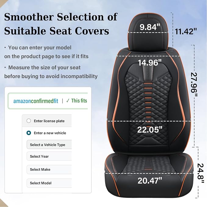 Coverado Leather Seat Covers, Car Seat Covers Full Set, Nappa Leather Seat Covers for Cars, Car Seat Protectors Waterproof, 5 Seats Black&Orange Automotive Seat Covers Fit for Most Cars Trucks