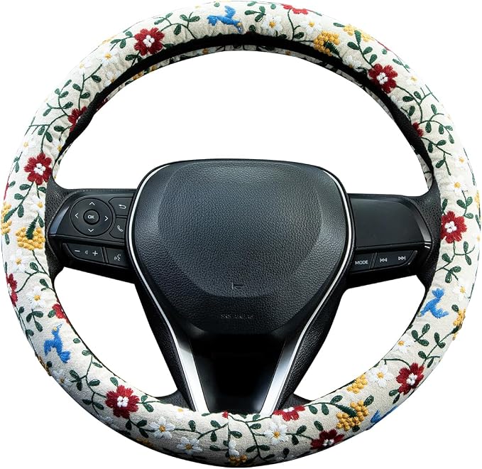 Embroidered Red Flower and Cute Daisy Steering Wheel Cover Auto Anti-Slip Breathable Rubber Steering Wheel Protector,Floral Car Accessories for Women,Universal Size Fit Most Cars -15 inch