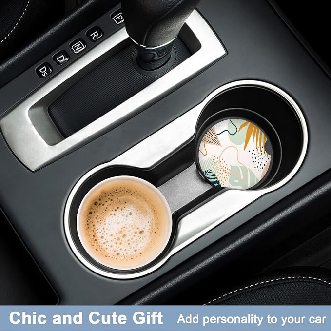 Nipichsha Car Coasters for Cup Holders, 2 Pack Absorbent Ceramic Car Cup Holder Coaster for Drinks, Cute Auto Assecories for Women Men, Size 2.56 in with Finger Notch & Cork Base, Boho Leaves