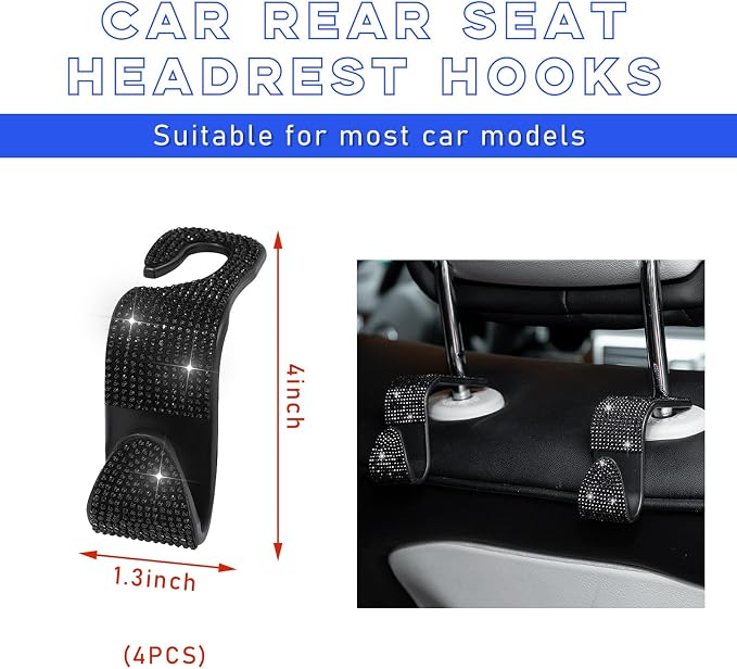 Ohleats 4 PCS Bling Car Seat Headrest Hooks, Crystal Rhinestone Back Seat Hanging Storage Organizer, Vehicle Seat Hanger Holder for Purse Handbag Coat, Interior Car Accessories (Black)