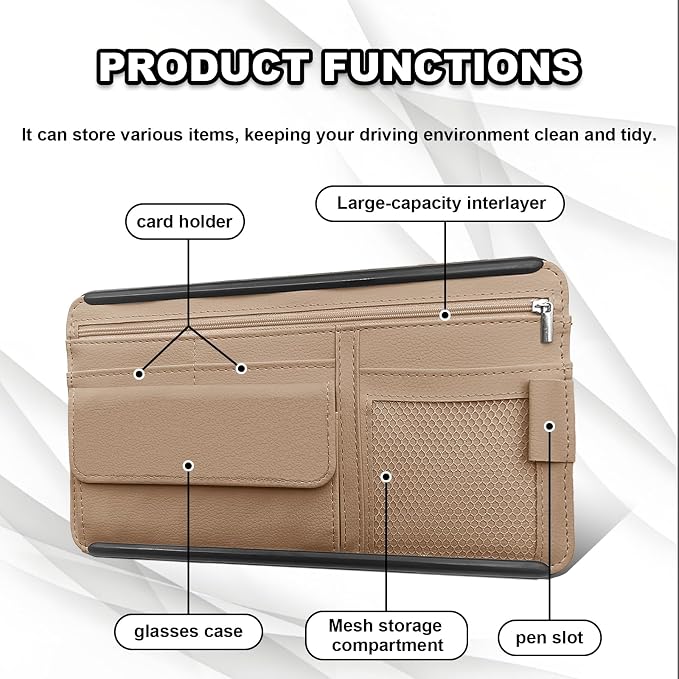 Car Sun Visor Storage Bag, Soft Leather Surface Organizer, Scratch-Resistant Auto Sunshade Organizer Bag, Can Store ID Card, Eyeglasses, Pen, Driving License etc (Beige)