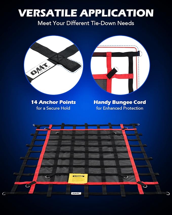 OMT 6x4.8ft Heavy Duty Cargo Net for Truck Bed & SUV, 1100lb Capacity | High-Strength Flat Webbing; Anti-Tangling Mesh; Adjustable Buckles; Ideal For Heavy & Odd-Sized Loads; Secure Quick Setup