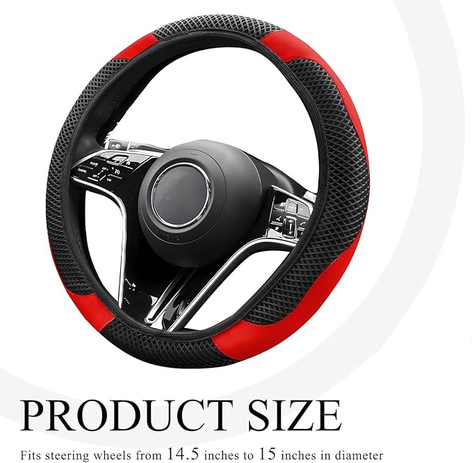 Elastic Stretch Steering Wheel Cover, Warm in Winter and Cool in Summer, Universal 15 inch Microfiber Breathable Ice Silk Anti Slip Car Interior Accessories, Odorless, (Black Red)