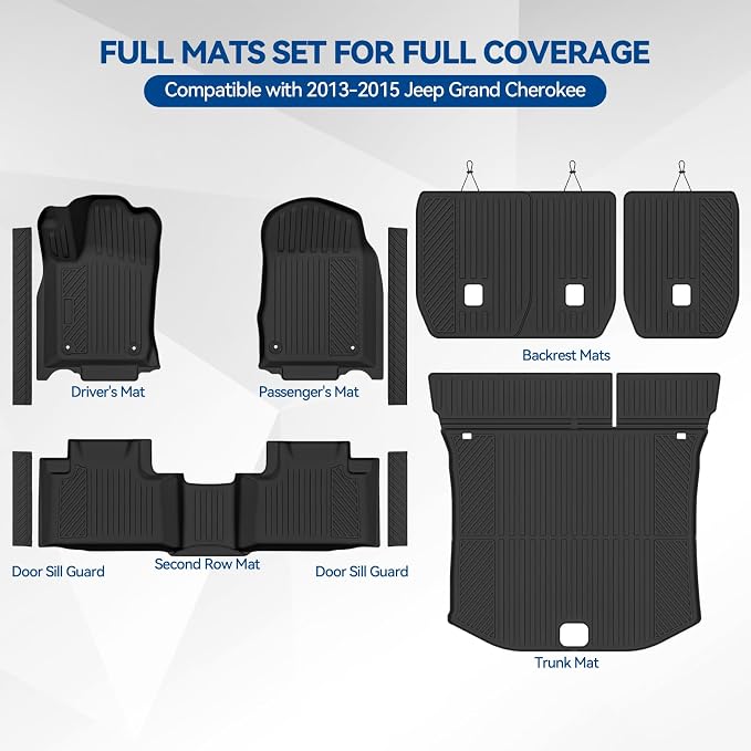 Custom Fit Floor Mats for 2013-2015 Jeep Grand Cherokee, All Weather TPE Floor Liners & Trunk Mat & Backrest Mats & Door Sill Guard, Odorless Full Set Interior Accessories