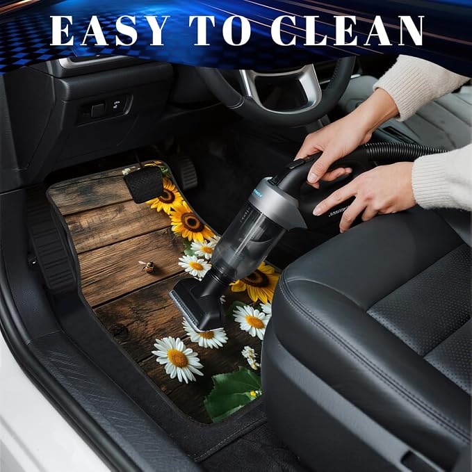 Sunflower Car Floor Mats Set of 4 Vintage Daisy Bee Wood Rustic Automotive Foot Mats Rugs Carpet for Car Non-Slip Auto Car Accessories Universal Fit Car Accessories for Truck