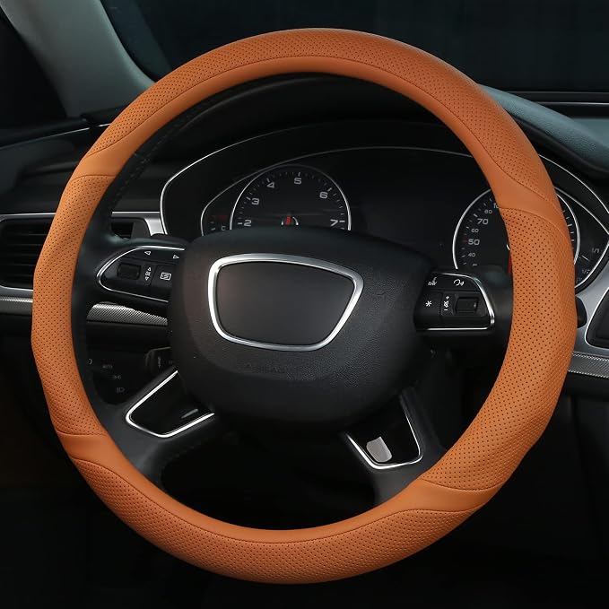 ALEMODR Cayenne Orange Leather Steering Wheel Cover Universal 15 inch