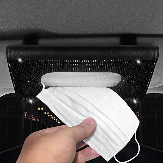 【2026 Upgraded】 Bling Car Sun Visor Tissue Box with Refills Paper Towels, PU Leather Backseat Mask Case,Crystal Sparkling Napkin Holder, Handmade Decoration Accessories for Women,Girls,Ladies as Gift