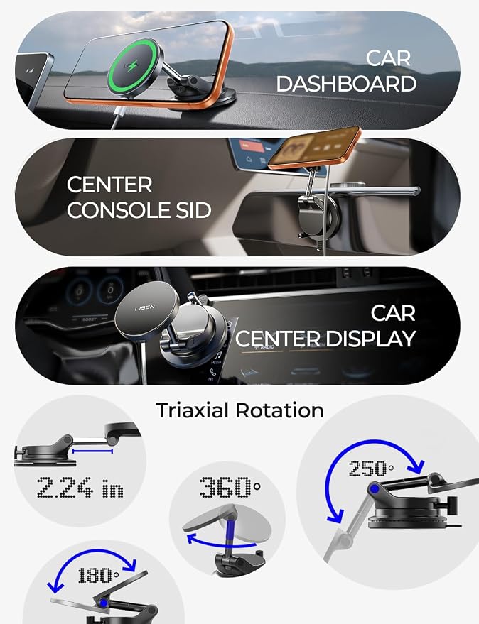 LISEN for 15W Magsafe Car Mount Charger, Magnetic Phone Holders for Your Car, Magnetic Wireless Car Charger, Suction Phone Mount for Car Accessories, Car Mount for iPhone 17 Pro Max 16 15 14 13 12 | [Lever Lock & Easiest Mount] Magsafe Car Mount Charge...