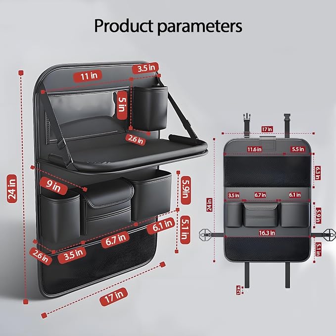Leather Car Seat Back Organizer with Foldable Tray Table, Backseat Car Organizer with Tablet Pocket, Cup Holders, Tissue Pocket, Mesh Pockets, Kick Mat, Black, 1 Pack
