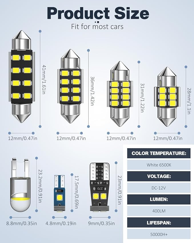 42 PCS Upgraded LED Interior Car Lights Kit, Super Bright Dome Map and Door Light Bulbs, Fits 194 De3175 578 6418 T5 LED Blubs, Universal for Cars and Trucks