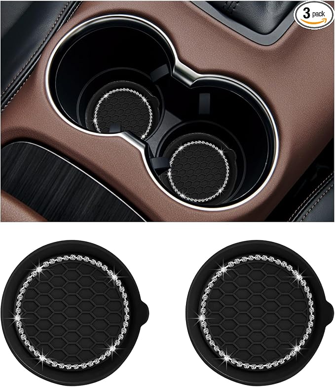 Ziciner 2 PCS Car Cup Coaster Holders, 3.15 Inch Silicone Anti-Slip Auto Insert Coaster, Crystal Rhinestone Car Drink Cup Mat, Universal Durable Auto Interior Accessories (Black, 2Pack)