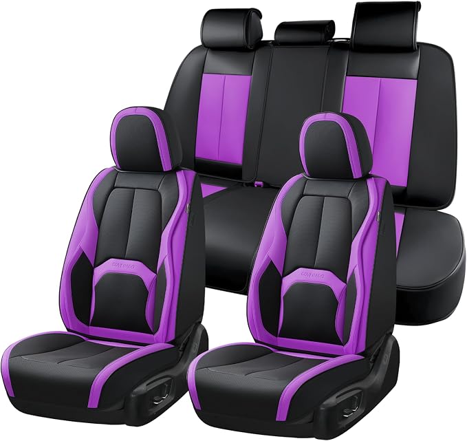 Coverado Car Seat Covers Full Set, Waterproof Nappa Leather Seat Covers for Car, Car Seat Protector with Lumbar Support, Automotive Seat Covers Universal Fit for Most Cars SUV Trucks, (Black&Purple)