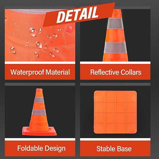 RoadHero 18 Inch 6 Pack Collapsible Traffic Safety Cones, Multi Purpose Pop-up Cones with Reflective Collar for Road Safety, Orange Cones for Driving Training, Parking Lots