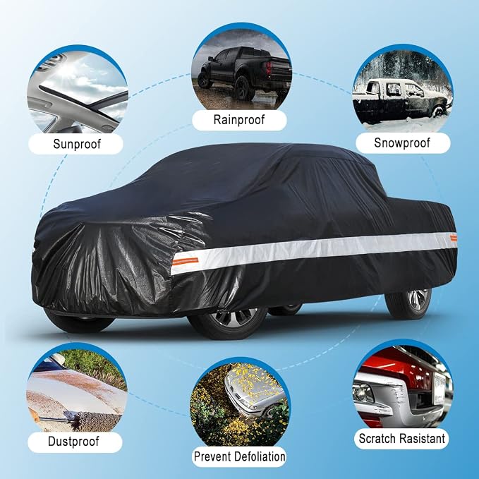 10 Layers Truck Cover Waterproof All Weather. Pickup Truck Cover Rain Snow UV Dust Protection. Length: 210-230 inches, Universal Fit for Ford F150 Chevy Silverado Dodge Ram 1500.