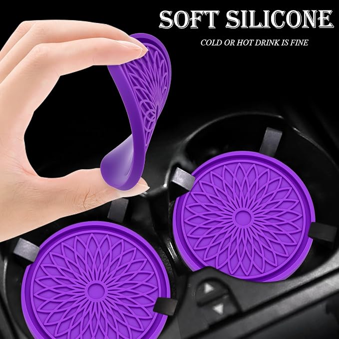 2-Pack Car Cup Holder Coaster Inserts, 2.75 Inch Non-Slip Silicone Liners, Shockproof Drink Holder Mat for Women Men, Universal Fit for Most Vehicles (Purple)