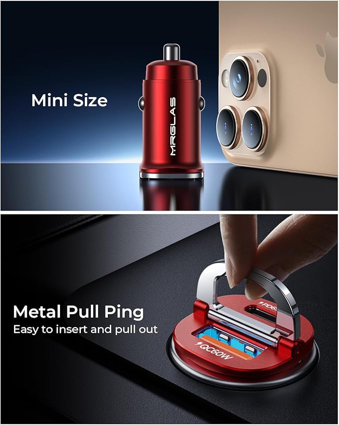 MRGLAS【Upgraded】 125W USB C Car Charger Super Fast Charging for iPhone 17 | [PD65W & QC60W][All Metal] Cigarette Lighter Car Charger,Dual Port for iPhone 16 15 Pro iPad Samsung S25 S24 MacBook-Red