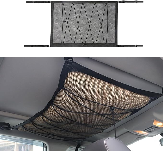 31.5"×21.7" Car Ceiling Cargo Net - Adjustable Buckle Car Roof Mesh Storage Organizer- Double Layer Roof Cargo Pocket Auto Roof Cargo Storage Net for Car SUV Camping Road Trip Essentials (31.5"×21.7")