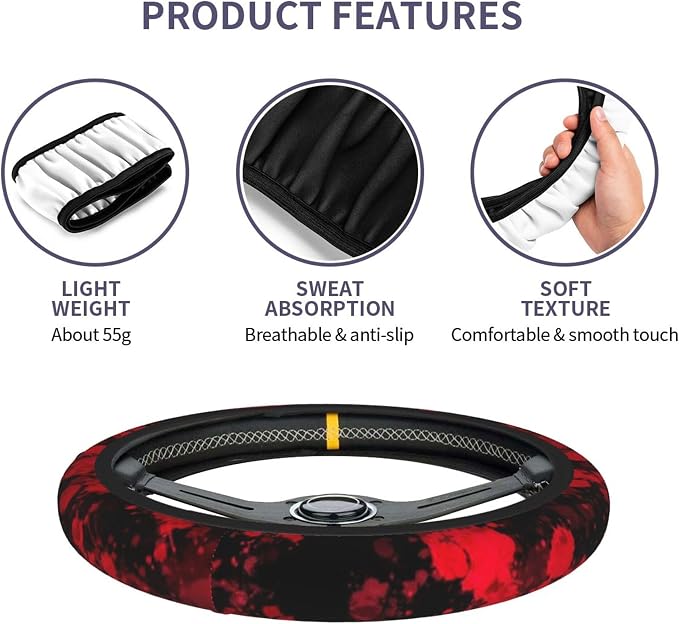 Red Blood Steering Wheel Cover - Classic Horror Blood Splatter Steering Wheel Cover Anti-Slip Breathable for 15 in Universal 2 Pcs Car Interior Cup Holder Pad for Men Women