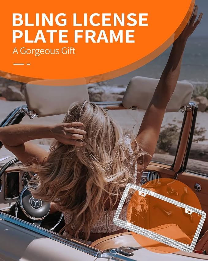 HOTOR License Plate Frame - Lastingly Bling and Sparkly License Plate Frame for Women, Stainless Steel & Obstruction-Free Frame with Multifaceted Rhinestones,White, 1 Pack