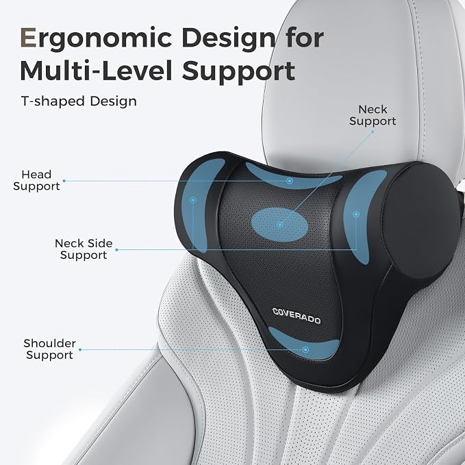 Coverado Car Headrest Pillow, Ergonomic Memory Foam Car Neck Pillow for Driving Seat with Adjustable Strap, Soft PU Leather Breathable Removable Cover Neck Support for Neck Pain Relief