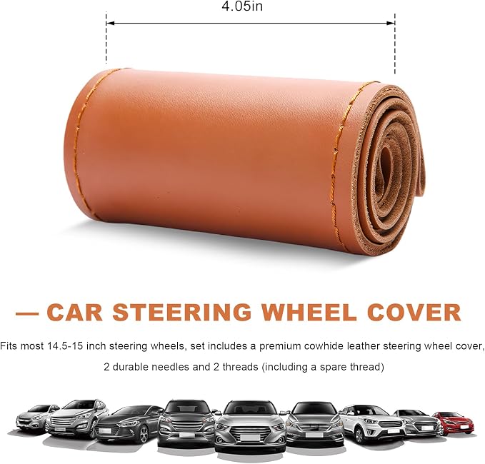 Genuine Leather Steering Wheel Cover, 15 Inch Stitch on Wheel Wrap with Needles & Threads, Breathable Steering Wheel Protector DIY Sewing Wrap for Car Truck SUV (Brown, Glossy)