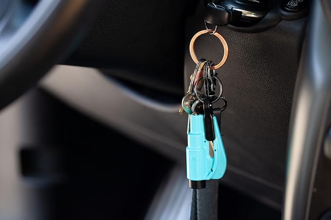 resqme The Original Emergency Keychain Car Escape Tool, 2-in-1 Seatbelt Cutter and Window Breaker, Made in USA, Family Pack of 3, Black, Blue, Yellow - Compact Emergency Hammer