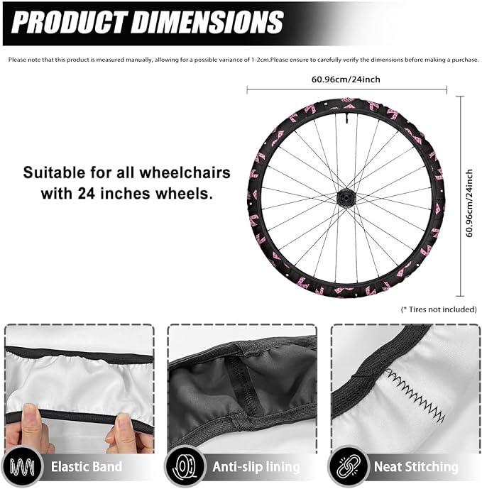 Wheelchair Wheel Covers 24 Inch 2 Pairs Breast Cancer Awareness | Heart Pink Ribbon, Made of Neoprene Outer with Anti-Slip Lining, Protects Floors, Wheelchair Gift for Seniors