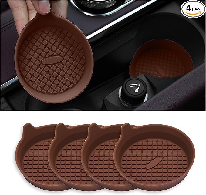 4 Pack Car Cup Coasters, Silicone Insert Recessed Car Cup Holder Coasters, Waterproof Non-Slip Sift-Proof Car Cup Mats, Universal Car Interior Accessories (Coffee)