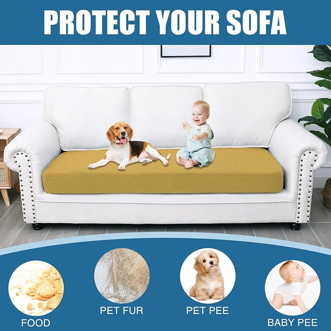 Smiry Waterproof Couch Cushion Covers, Stretch Jacquard Thick Sofa Cushion Covers, Washable Seat Slipcover Elastic Furniture Protector for Pets, Kid (Large, Ginder Yellow)