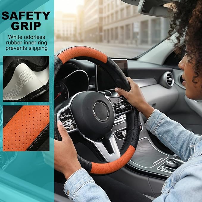 Car Steering Wheel Cover, Breathable Carbon Fiber Vehicle Steering Wheel Protector with Anti-Slip Lining, Automotive Interior Accessories, Universal for SUV RV Truck (Black Orange)
