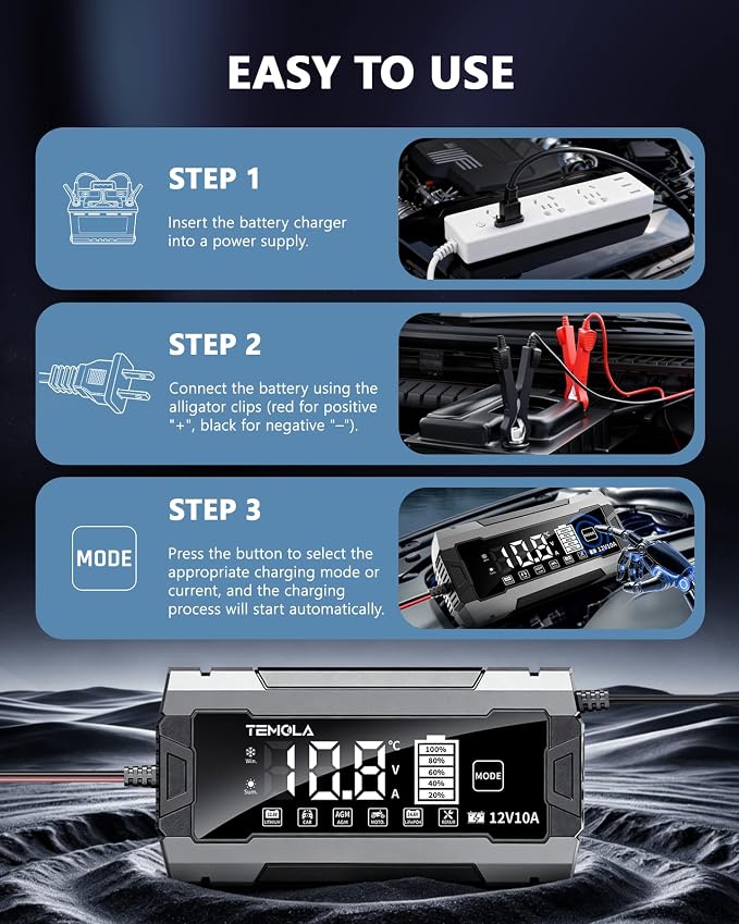 12V 10A Smart Battery Charger Fully Automatic Battery Maintainer Trickle Charger with Pulse Repair LCD Display Temp Compensation for AGM Gel SLA LiFePO4 Flooded Deep Cycle Motorcycle Boat Batteries