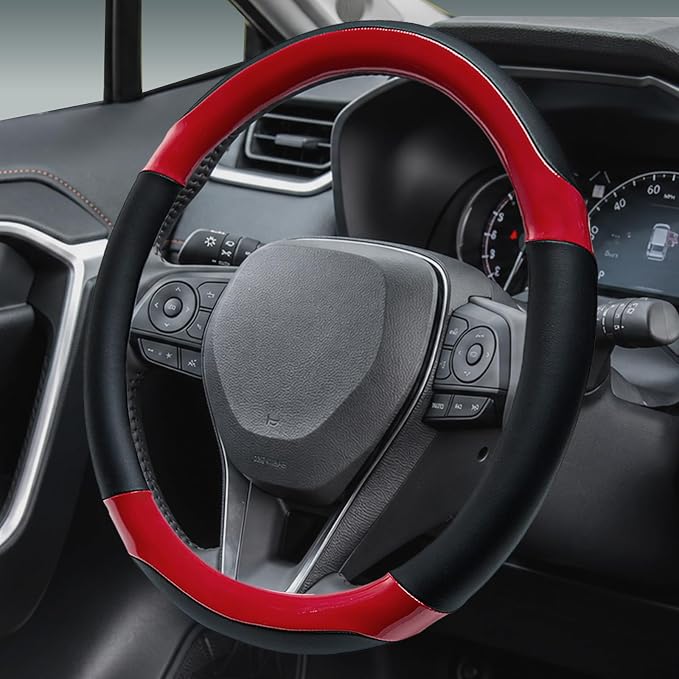 Yangday Leather Steering Wheel Cover for Toyota RAV4 Corolla Camry Highlander, 14.5-15 inches Car Steering Wheel Cover with Non-Slip Breathable (Bright Red)