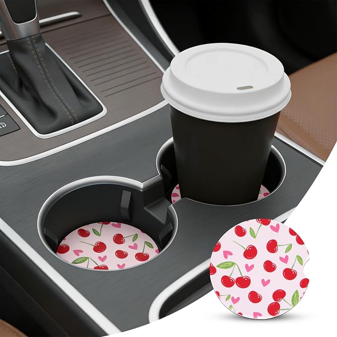 2 Pack Pink Cherry Car Coasters for Women Car Cup Holder Coasters, 2.63 Inch Anti Slip Ceramic Absorbent Coaster with Cork Base and Finger Notch, Cute Car Accessories Interior