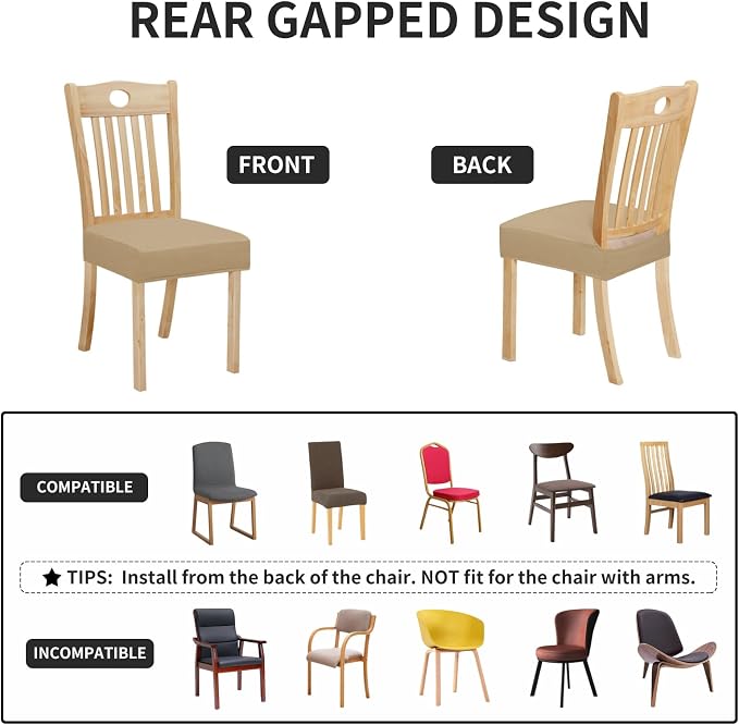 Easy-Going 100% Waterproof Seat Covers for Dining Room Chairs Set of 6, Stretch Chair Seat Slipcovers Protector Removable and Washable Kitchen Dining Chair Covers, Khaki
