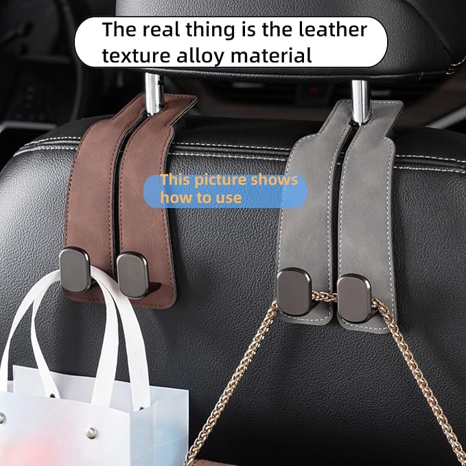 Coozyland Car Hooks, Coozy Land Metal Multi-Function Leather Car Headrest Hooks, Universal Double Hook Car Seat Back Storage Hooks for Wallets, Handbags, Bottles, Trash Bags, etc (Red 2-Pack)