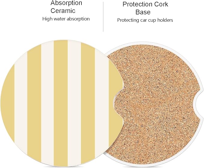 Ceramic Car Coasters – Absorbent Car Cup Holder Coaster Set for Women, Cute Aesthetic Car Accessories for Girls, 2 Pack (Golden Yellow)