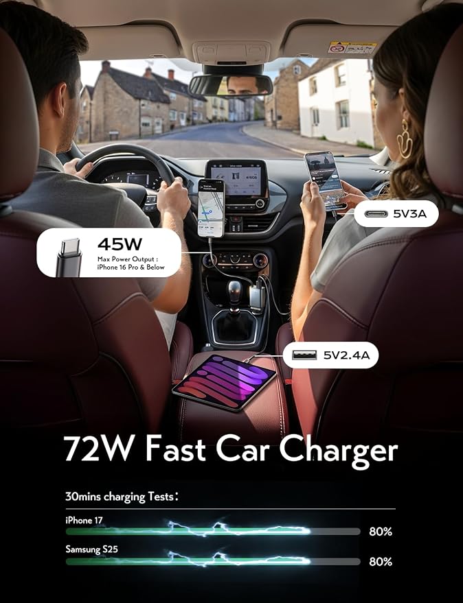 LISEN Retractable Car Charger USB C, [Upgraded 72W Max] | Car Accessories，Gifts for Men Women Him Her Car Charger for iPhone/Android Truck RV Electronics