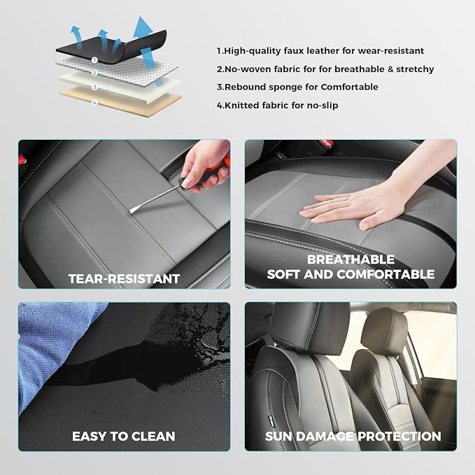 Seat Covers for Honda Civic Sedan EX-L, EX-T, EX, Touring, Sport 2016-2021, Faux Leather Car Seats Cover Full Set Waterproof Black Grey (60/40 Split Seatback-with Rear Armrest)